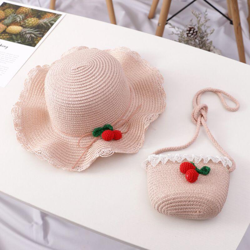 Girl Cherry Straw Hat Bag Set Princess Hat Beach Hat Sun Hat - melvincucci