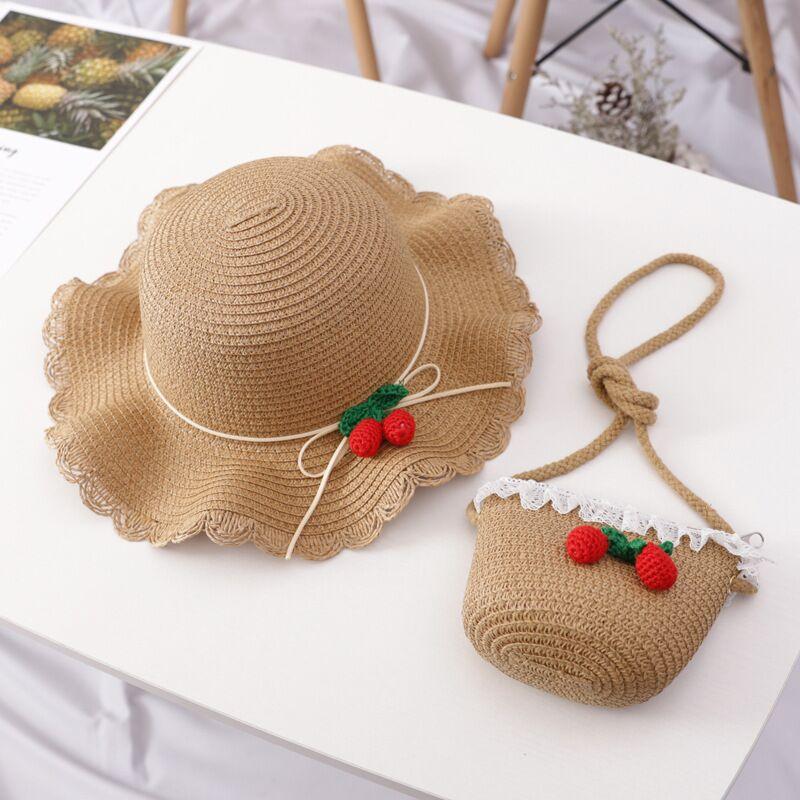 Girl Cherry Straw Hat Bag Set Princess Hat Beach Hat Sun Hat - melvincucci