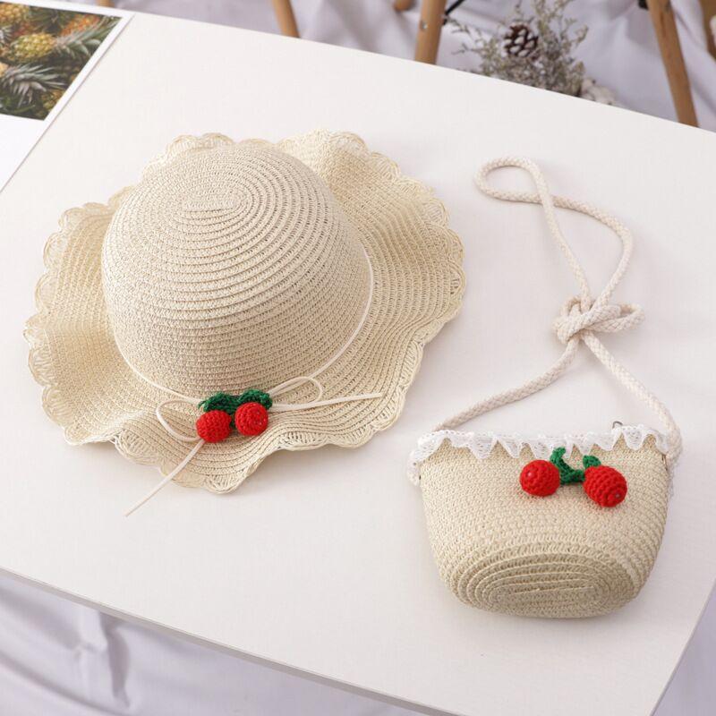 Girl Cherry Straw Hat Bag Set Princess Hat Beach Hat Sun Hat - melvincucci