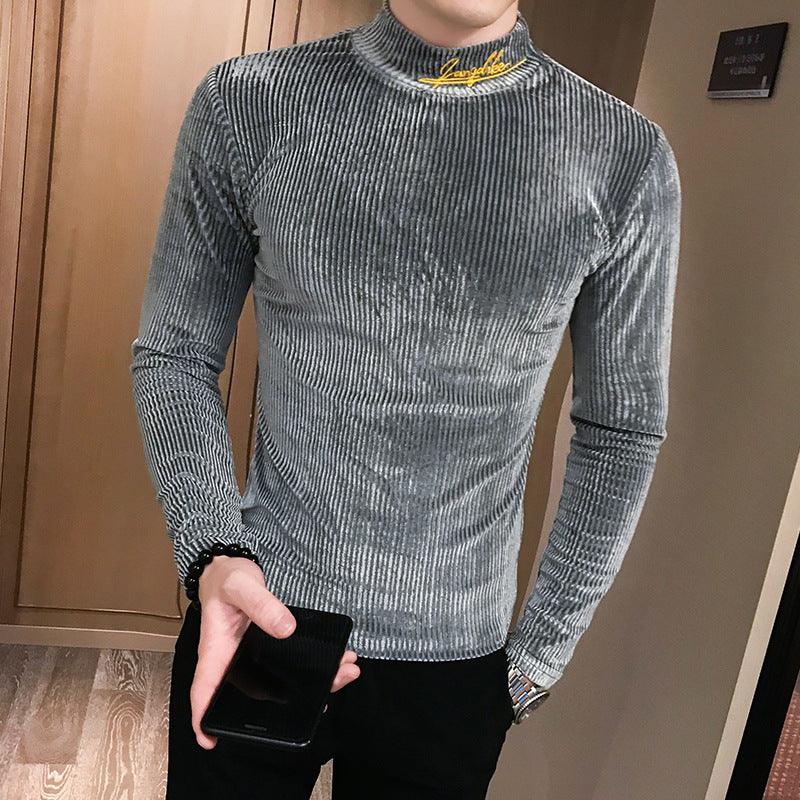 Gold Velvet Casual T-Shirt Half High Neck Long Sleeve Bottoming Shirt - melvincucci