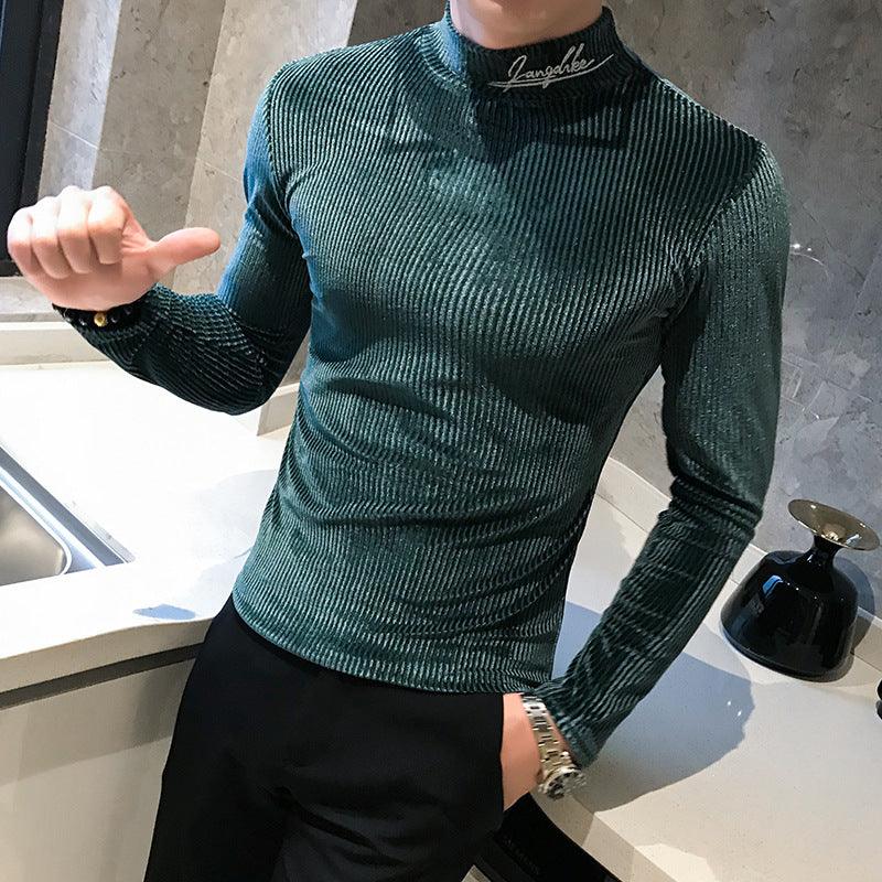 Gold Velvet Casual T-Shirt Half High Neck Long Sleeve Bottoming Shirt - melvincucci