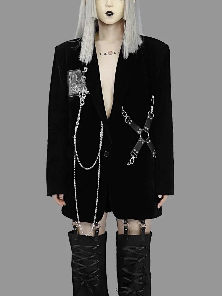 Gothic Style Dark Black Velvet Woolen Shoulder Pad Blazer Women - melvincucci