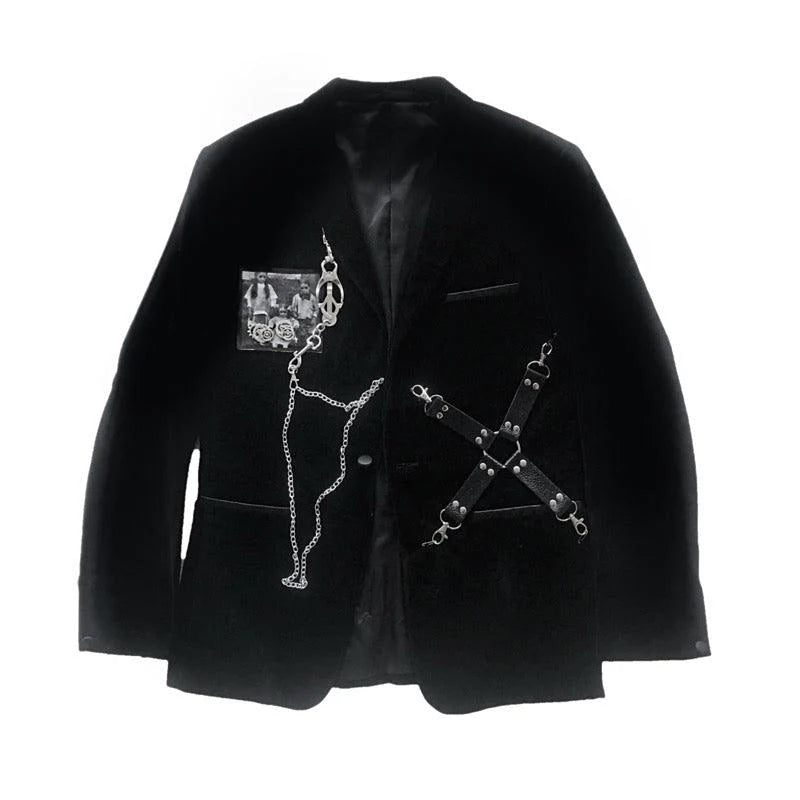 Gothic Style Dark Black Velvet Woolen Shoulder Pad Blazer Women - melvincucci