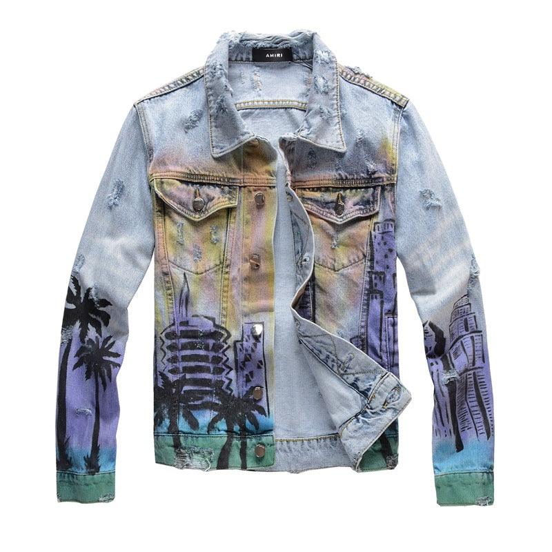 Graffiti Digital Print Slim Jacket Men Trendy Punk Denim Jacket - melvincucci