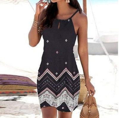 Halter neck printed sleeveless casual mini beach dress - melvincucci