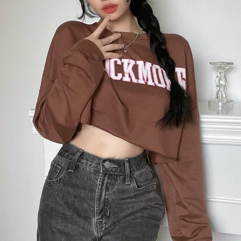 Harajuku Letter Printed Brown Cropped Sweatshirt Women Tops - melvincucci