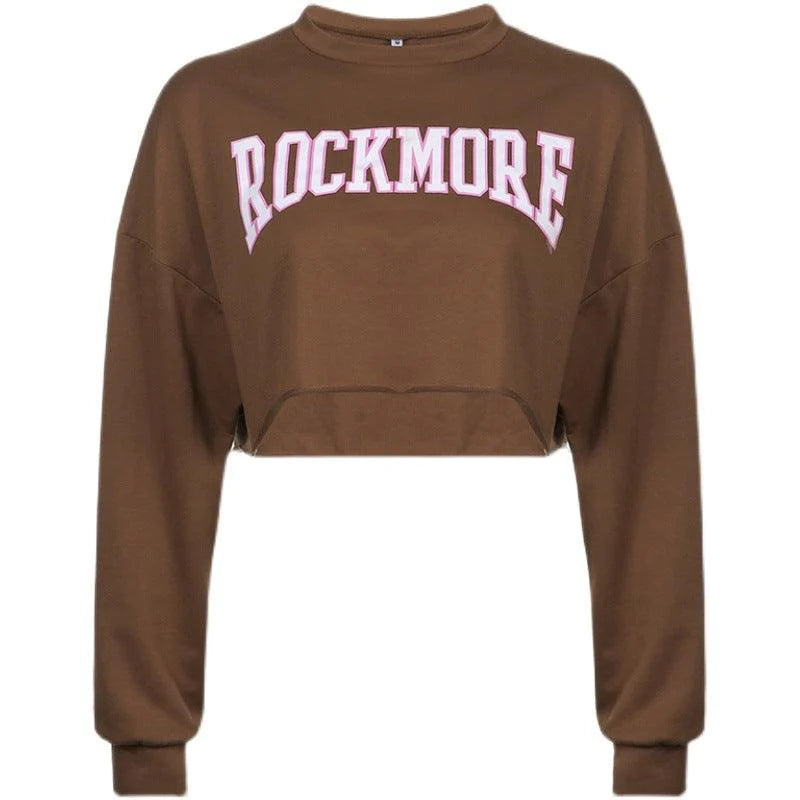 Harajuku Letter Printed Brown Cropped Sweatshirt Women Tops - melvincucci
