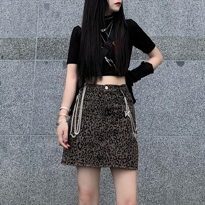 Harajuku Style Retro Denim Skirt High Waist Leopard Print Skirt Women - melvincucci