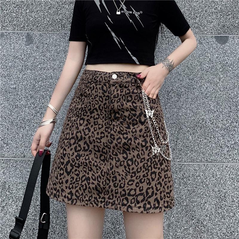 Harajuku Style Retro Denim Skirt High Waist Leopard Print Skirt Women - melvincucci
