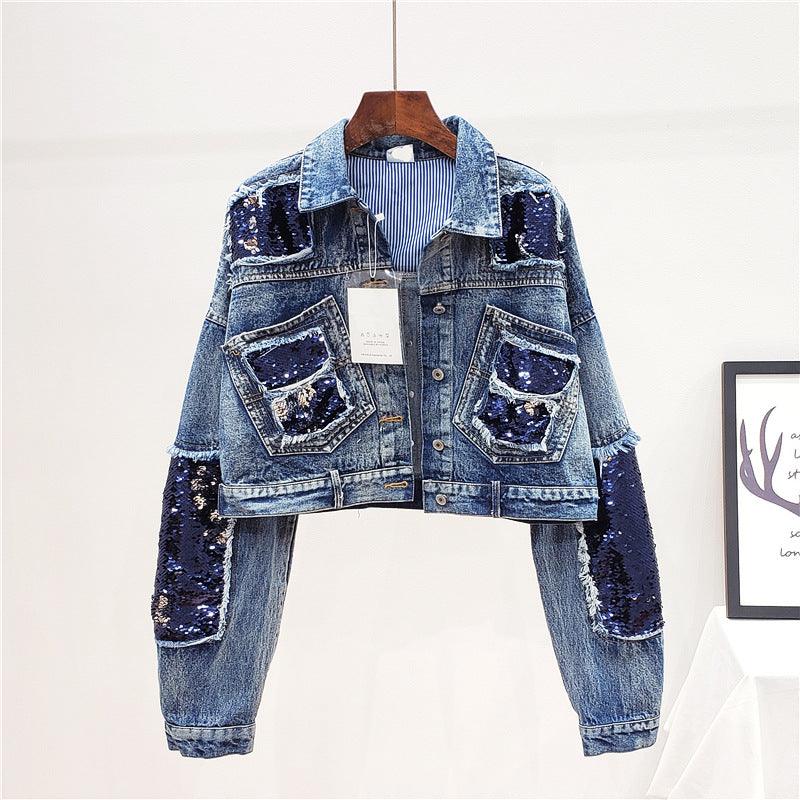 Heavy Industry Sequins Short Doll Sleeve Denim Jacket Women - melvincucci