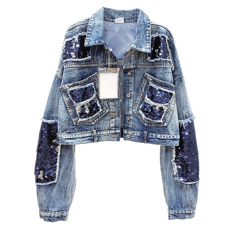 Heavy Industry Sequins Short Doll Sleeve Denim Jacket Women - melvincucci