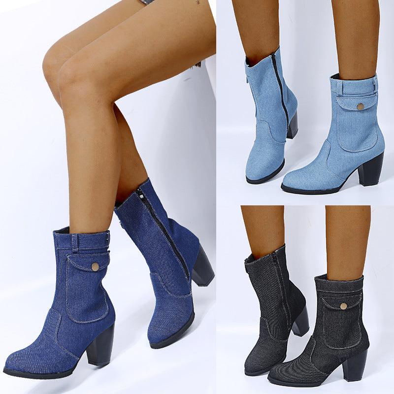 High-heeled Denim Mid-leg Boots For Women - melvincucci