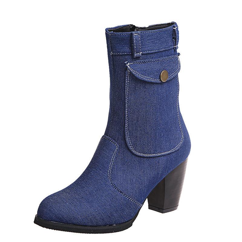 High-heeled Denim Mid-leg Boots For Women - melvincucci