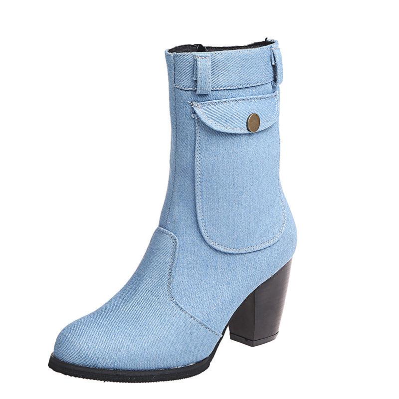 High-heeled Denim Mid-leg Boots For Women - melvincucci