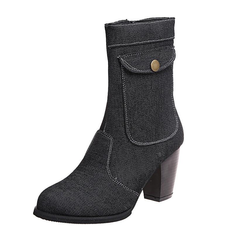 High-heeled Denim Mid-leg Boots For Women - melvincucci