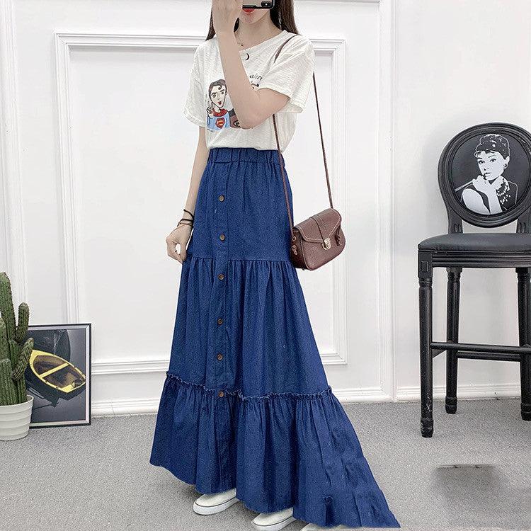 High Waist Slim Long Denim Single-breasted Stitching Large Skirt Women - melvincucci