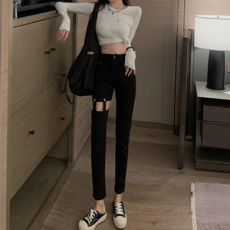 Hollow Tide High Waist Slimming Denim Daddy Pants Women - melvincucci