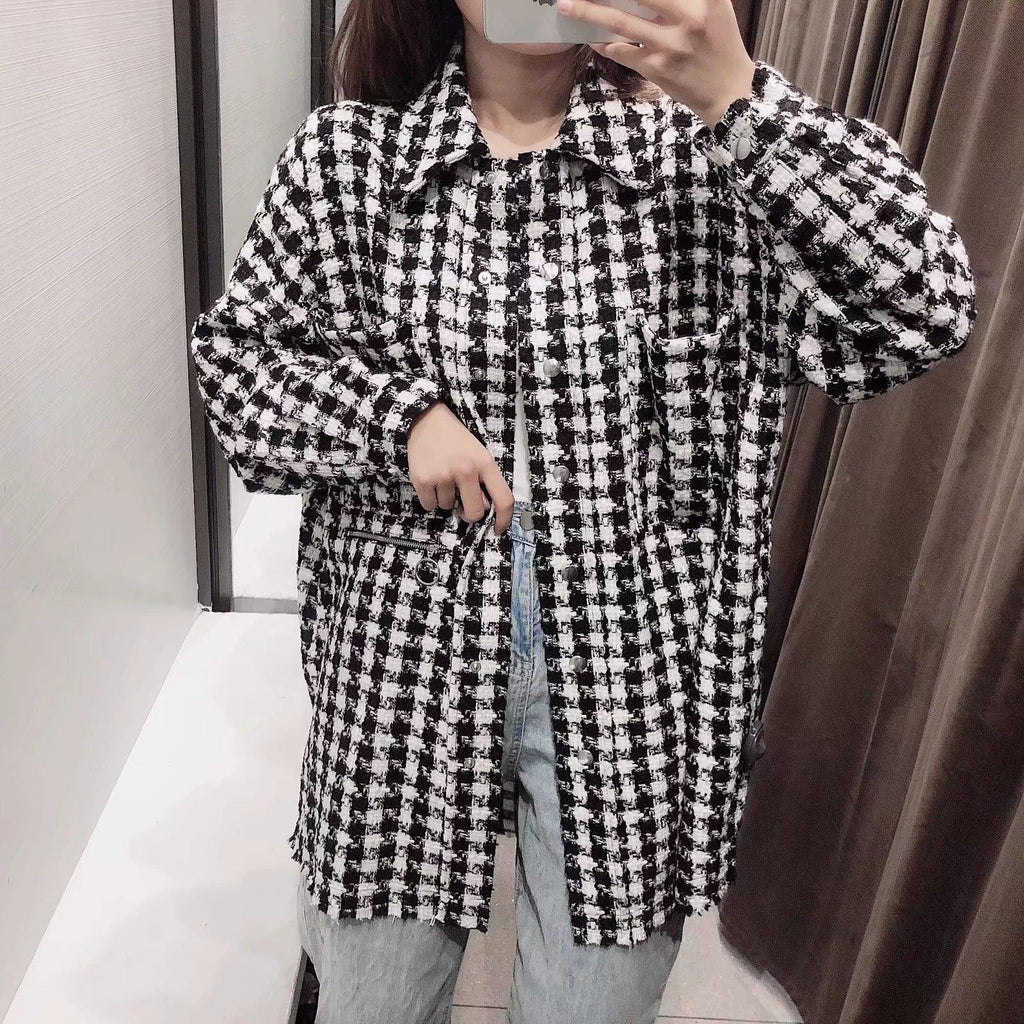 Houndstooth Jackets Pockets Coats Zipper Jacket - melvincucci
