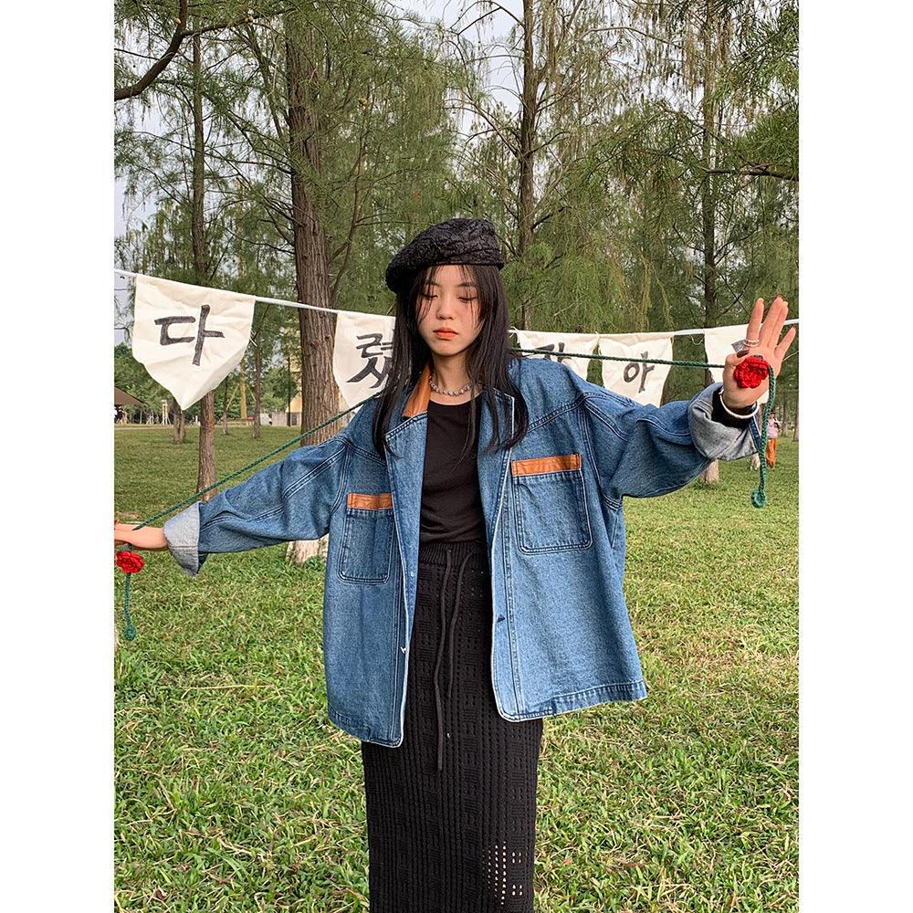 Jacket Women Loose PU Leather Stitching Denim Jacket Women - melvincucci