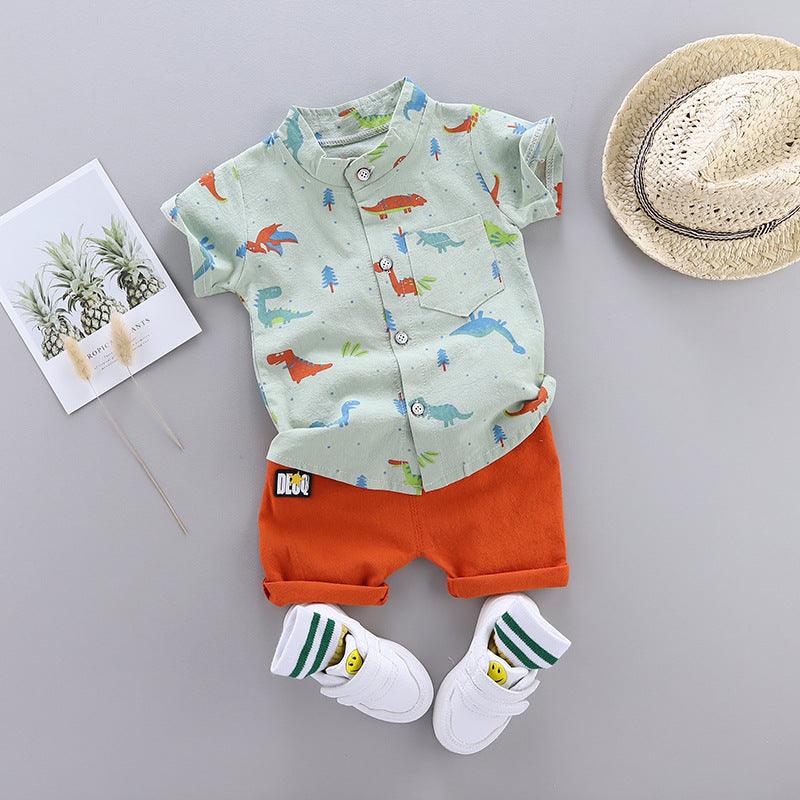 Kids Fashion All Over Print Dinosaur Short Sleeve Shirt Set - melvincucci