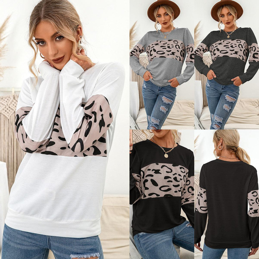 Knitted Leopard Print Pullover Round Neck Contrast Color Patchwork Sweatshirt Women - melvincucci