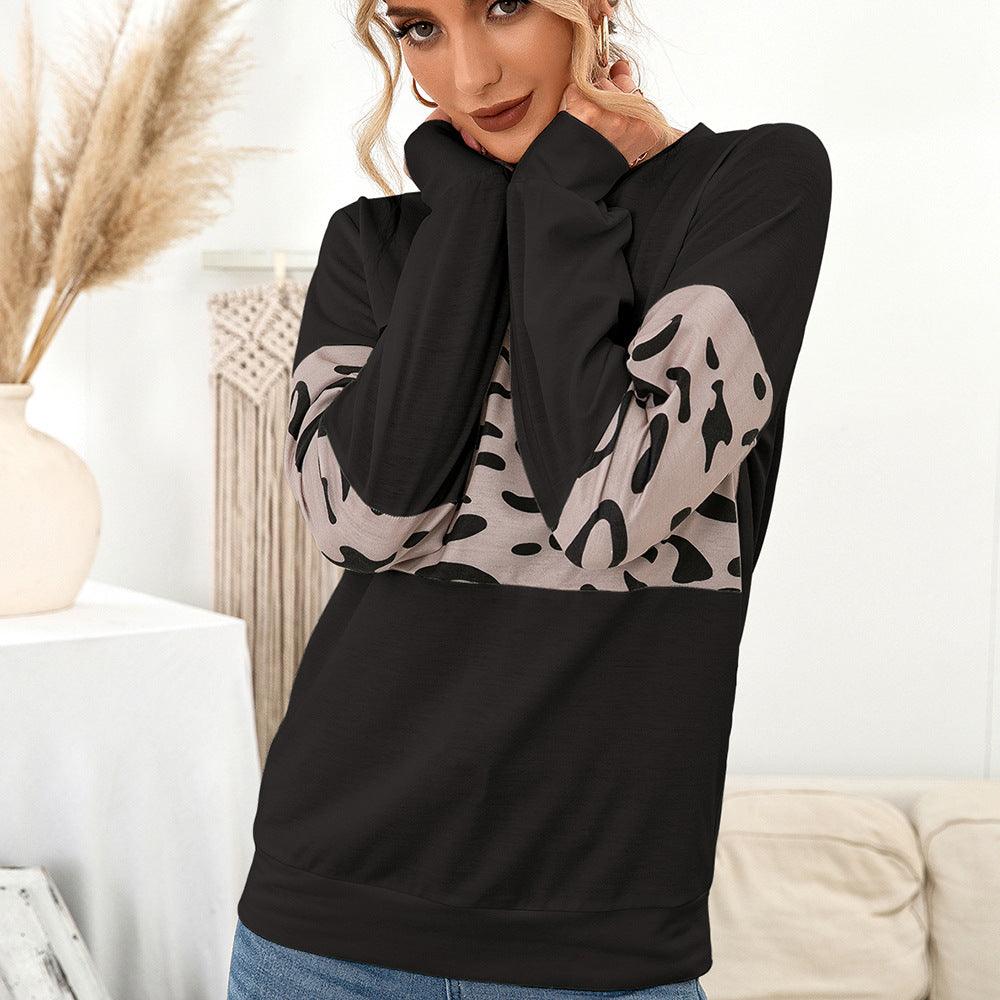 Knitted Leopard Print Pullover Round Neck Contrast Color Patchwork Sweatshirt Women - melvincucci