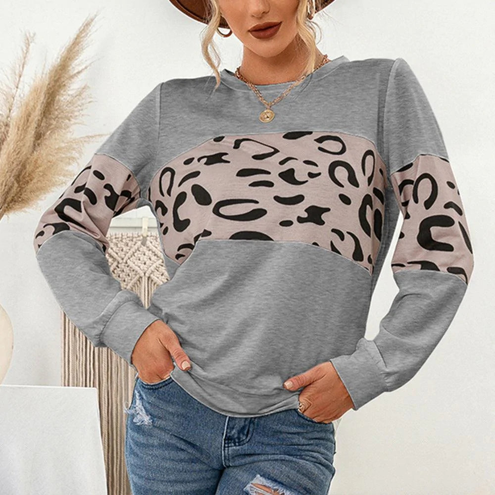 Knitted Leopard Print Pullover Round Neck Contrast Color Patchwork Sweatshirt Women - melvincucci