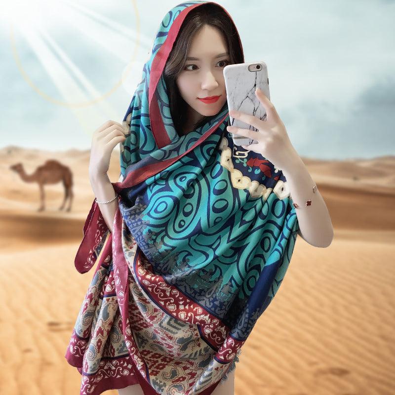 Korean version of national wind cotton linen scarf super-long scarf for women in spring and summer sunscreen beach scarf dual-purpose extended Shawl Scarf - melvincucci