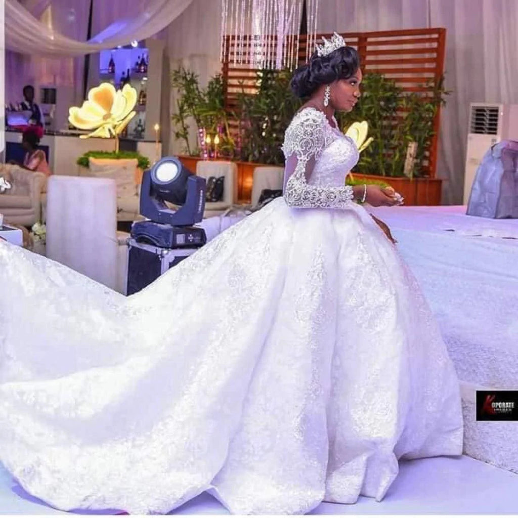 Lace African Wedding Dress Long Sleeves Round Neck Big Tail Tutu Skirt - melvincucci
