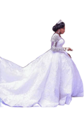 Lace African Wedding Dress Long Sleeves Round Neck Big Tail Tutu Skirt - melvincucci