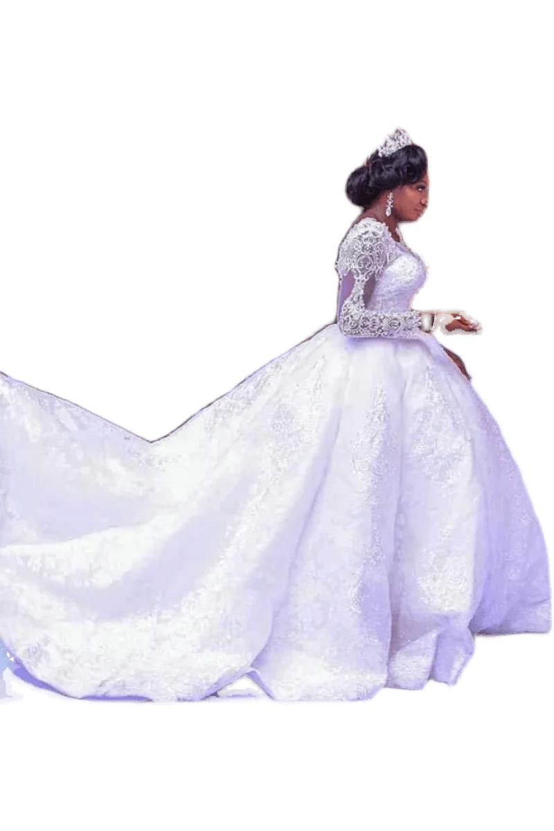 Lace African Wedding Dress Long Sleeves Round Neck Big Tail Tutu Skirt - melvincucci