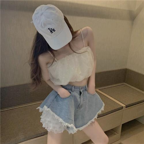 Lace Bottoming, Denim High-waisted Shorts, Two-piece Women - melvincucci