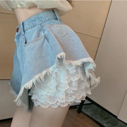 Lace Bottoming, Denim High-waisted Shorts, Two-piece Women - melvincucci