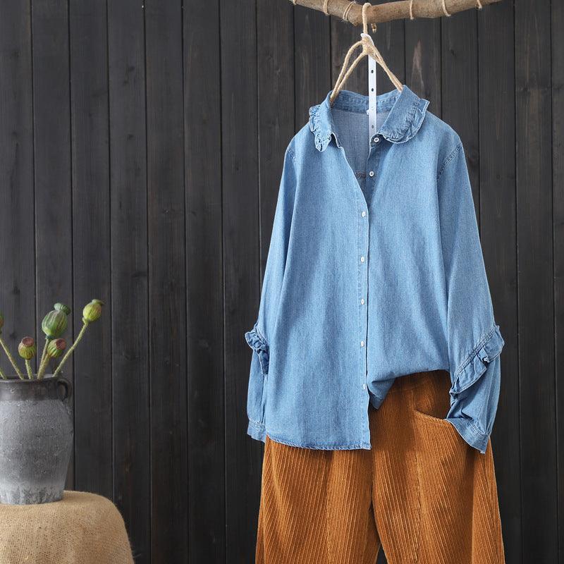 Lace Collar Solid Color Denim Shirt Women - melvincucci