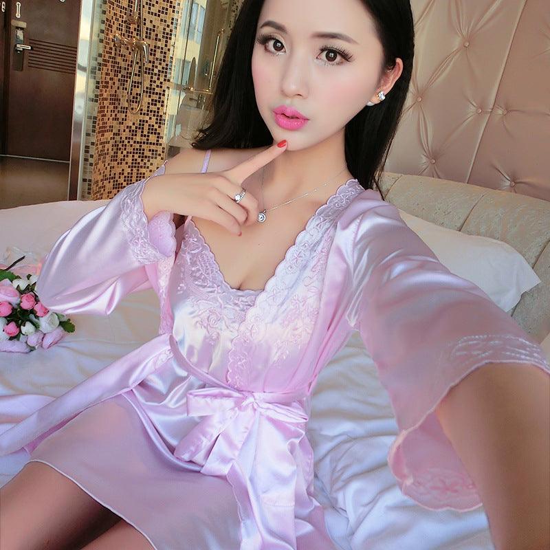 Lace embroidered suspender thin bathrobe - melvincucci