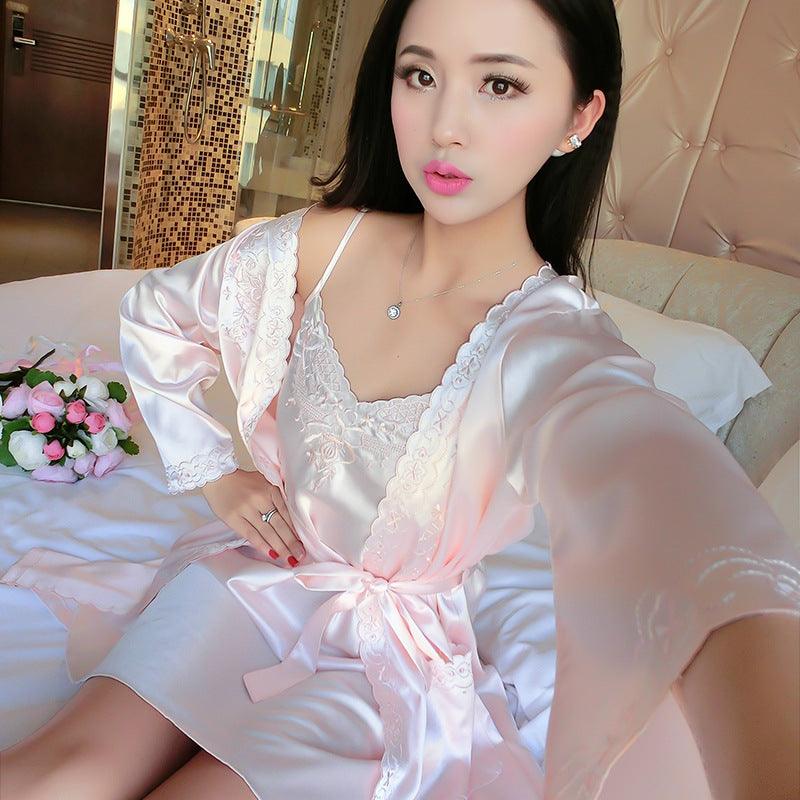 Lace embroidered suspender thin bathrobe - melvincucci