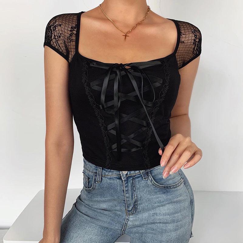 Lace stitching sexy strappy t-shirt women - melvincucci