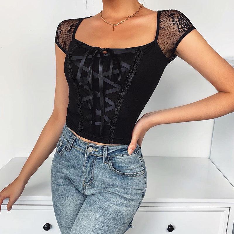 Lace stitching sexy strappy t-shirt women - melvincucci