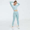 Ladies Gymwear Ribbed Seamless Activewear Long Sleeve Ribbed 2 Piece Yoga Set - melvincucci