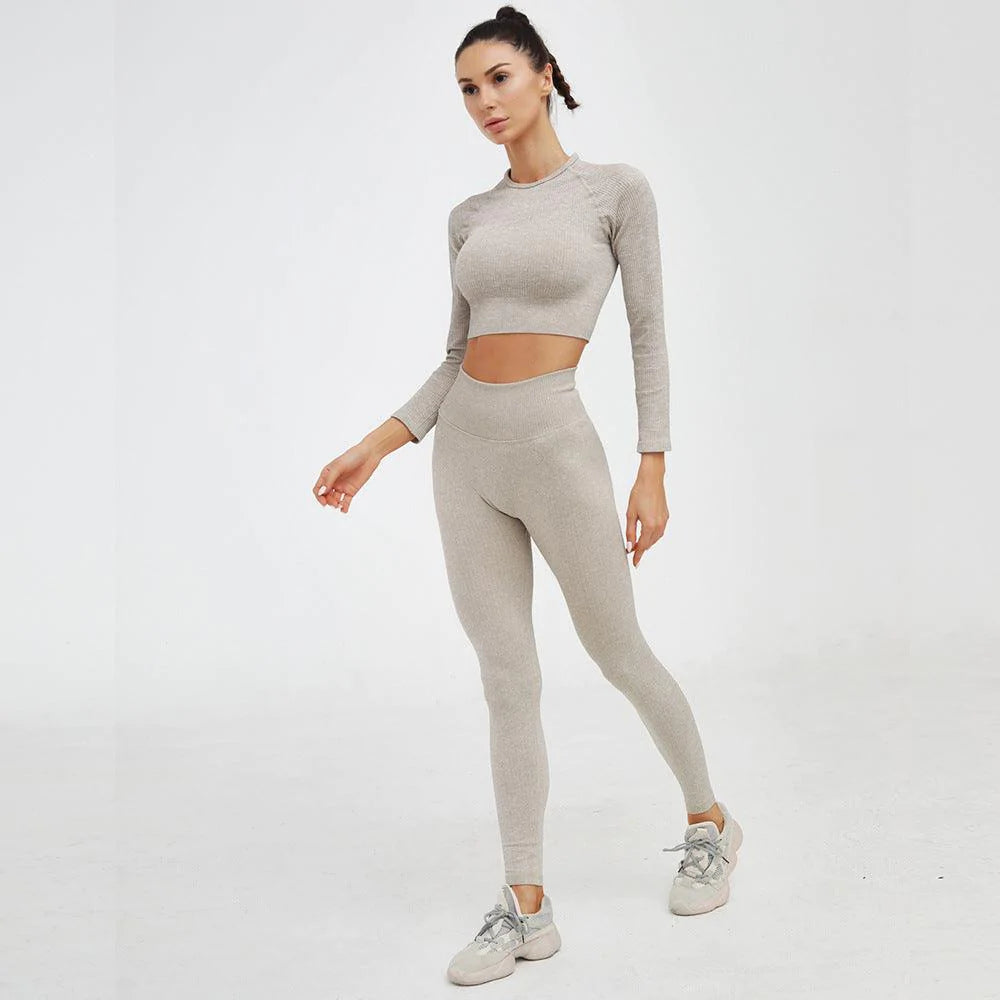 Ladies Gymwear Ribbed Seamless Activewear Long Sleeve Ribbed 2 Piece Yoga Set - melvincucci