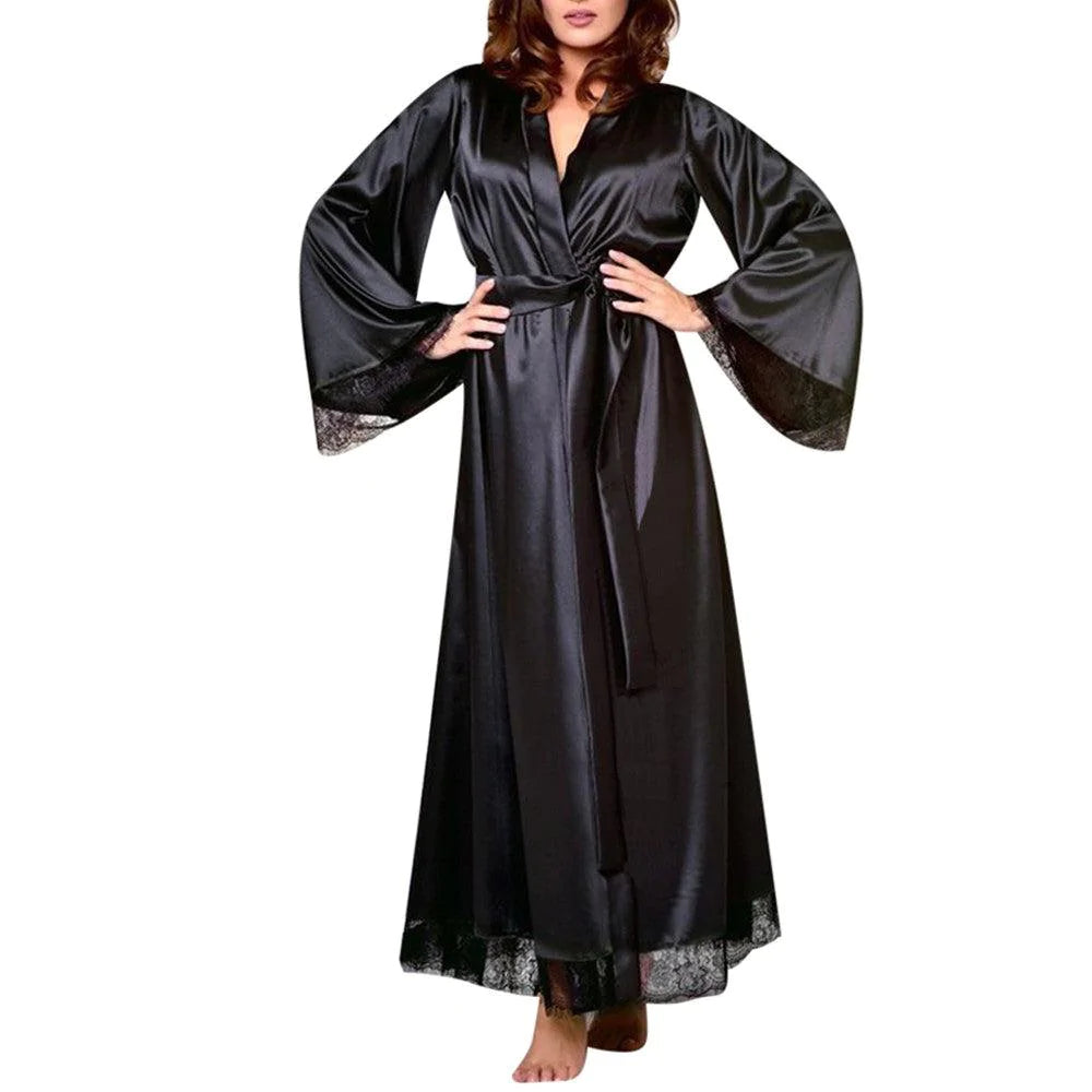Ladies Sexy Satin Solid Color Robe Bathrobe - melvincucci
