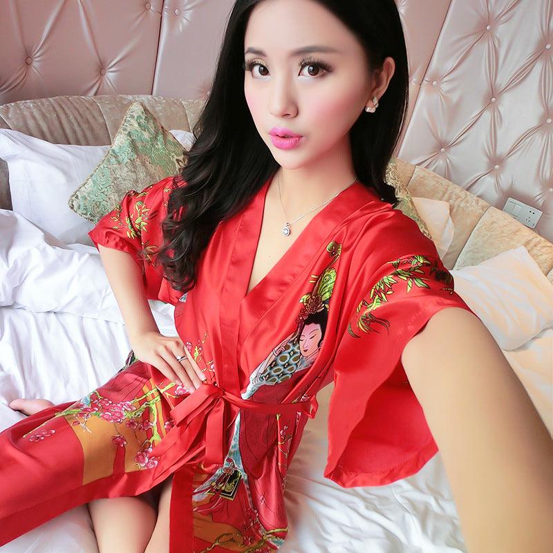 Ladies Silk Pajamas Classical Short Sleeve Bathrobe - melvincucci