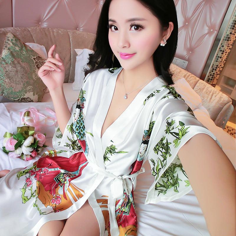 Ladies Silk Pajamas Classical Short Sleeve Bathrobe - melvincucci