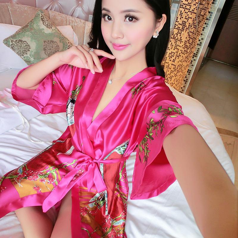 Ladies Silk Pajamas Classical Short Sleeve Bathrobe - melvincucci