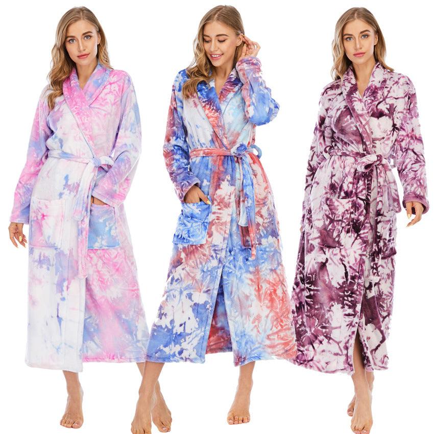Ladies Tie-dye Flannel Bathrobe Pajamas - melvincucci