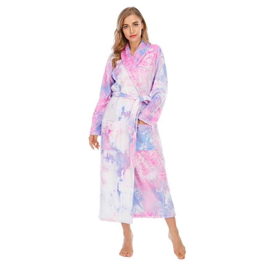 Ladies Tie-dye Flannel Bathrobe Pajamas - melvincucci
