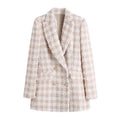 Lapel Long Sleeved Double Breasted Check Blazer Women - melvincucci