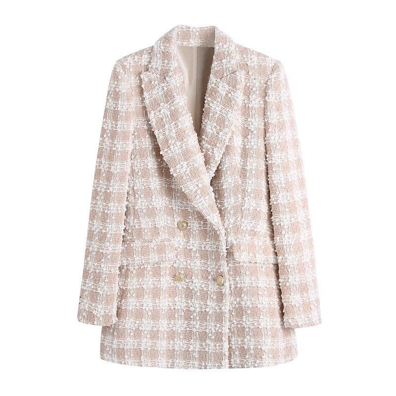 Lapel Long Sleeved Double Breasted Check Blazer Women - melvincucci