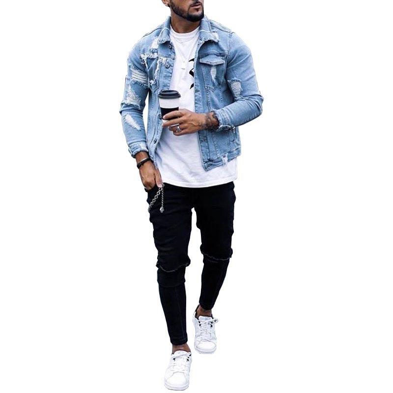 Lapel Men's Denim Jacket Ripped Irregular Washed Jacket - melvincucci