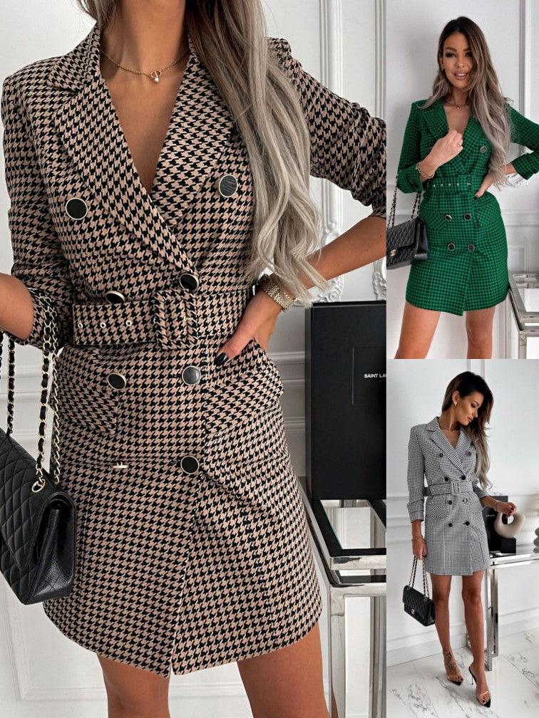 Lapel Plaid Blazer Mid-length Belt Women - melvincucci